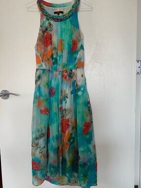 EP Multicolor Beaded Floral Sleeveless Silk Midi Dress Round Neck Size S